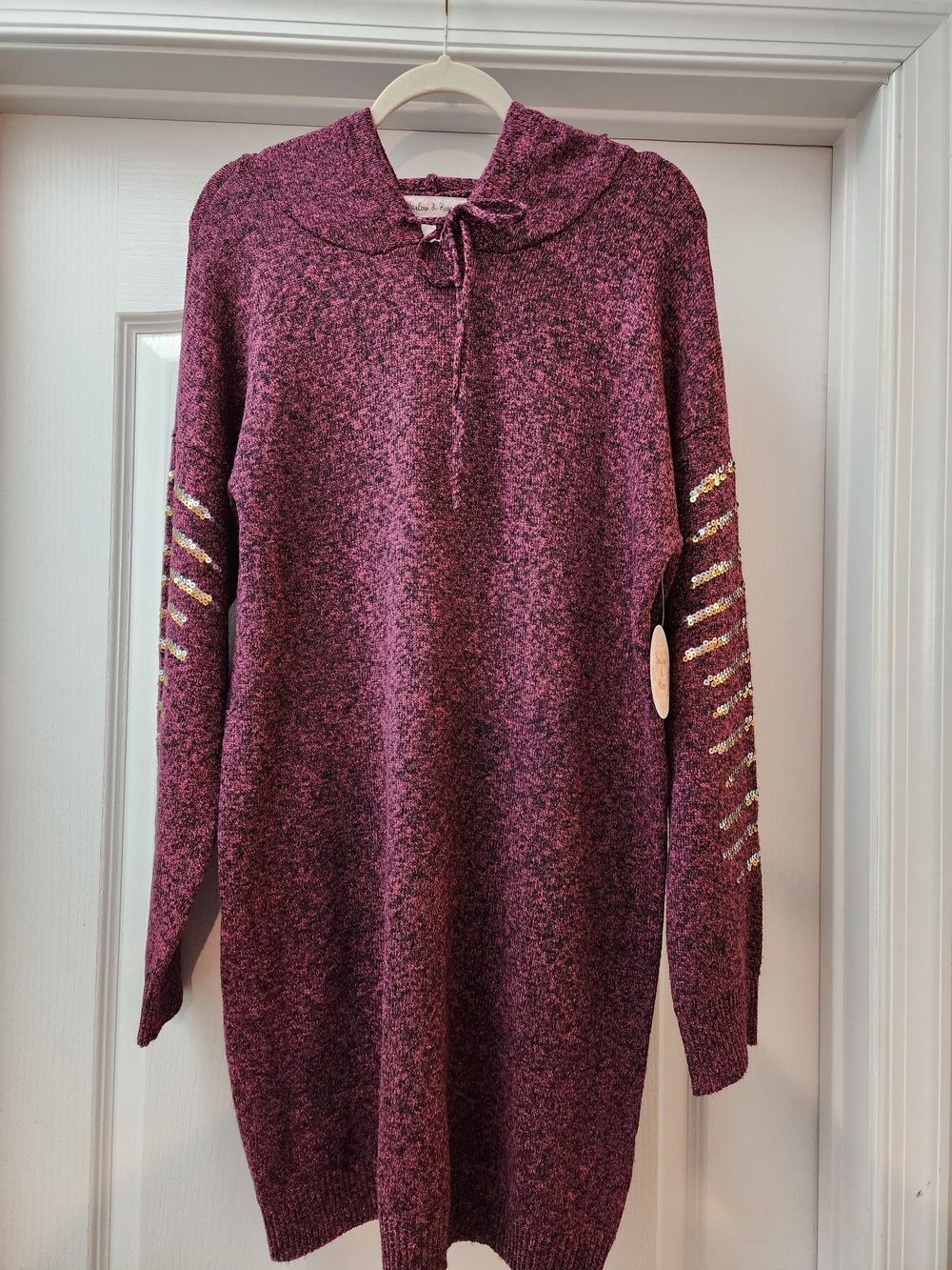 NWT Cozy Hooded Women's Sweater Dress in Maroon with Sequin Sleeve Detail- XL